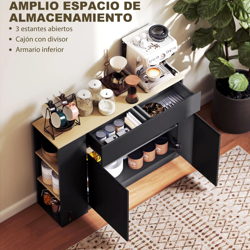 HOMCOM Aparador de Cocina Armario de Cocina con 2 Cajones 3 Estantes Abiertos 2 Puertas Estante Ajustable 110x29,5x82 cm Negro