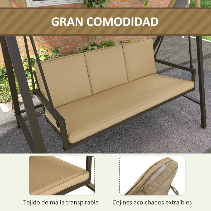Outsunny Balancín de Jardín de 3 Plazas Columpio Exterior Jardín con Toldo Ajustable Cojines Extraíbles 200x125x175 cm Beige