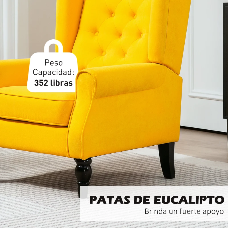 HOMCOM Sillón de Salón con Reposabrazos y Patas de Madera Butaca Carga 160 kg para Dormitorio Oficina 74x86x102 cm Amarillo