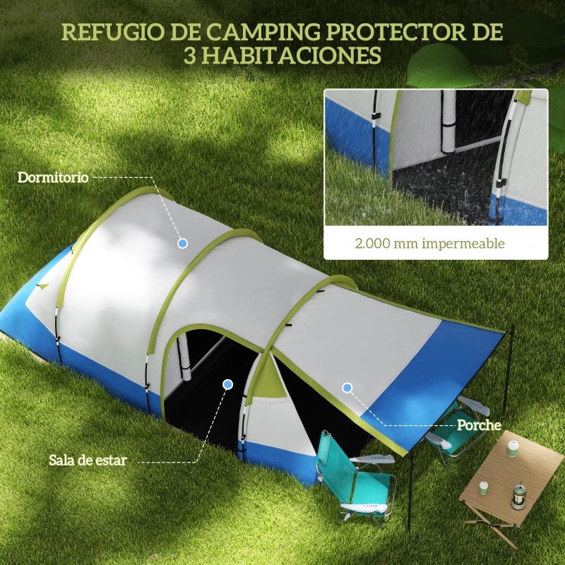 Outsunny Tienda de Campaña Plegable para 3 Personas 2 Habitaciones Bolsa de Transporte 420x200x150 cm Azul Oscuro y Verde