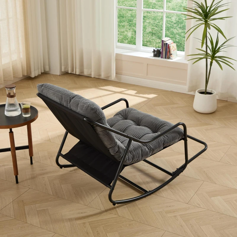 Fauteuil à bascule d'extérieur avec coussin de confort, pour salon, chambre, coin lecture, 75x116x82 cm, Gris