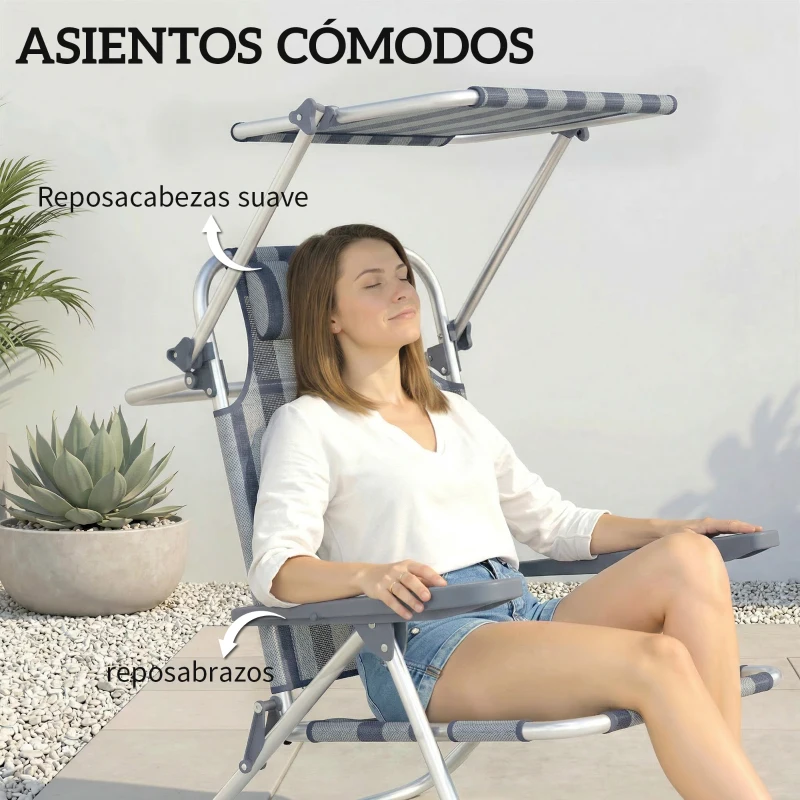 Outsunny Juego de 2 Sillas de Playa Plegables con Dosel Ajustable Respaldo Reclinable 6 Posiciones Reposacabezas Azul y Blanco