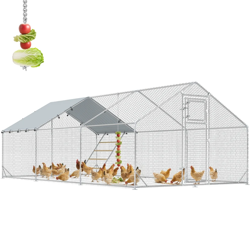 PawHut Gallinero Metálico de Exterior de 3x6m con Percha Multiusos Comedero Colgante Tipo Brocheta y Lona Protectora Resistente