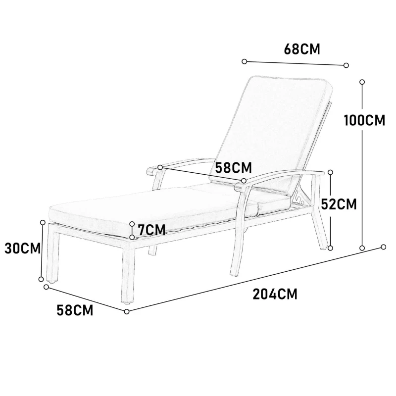 Chaise-lounge-patio avec dossier réglable, 204x58x100/30 cm, Beige