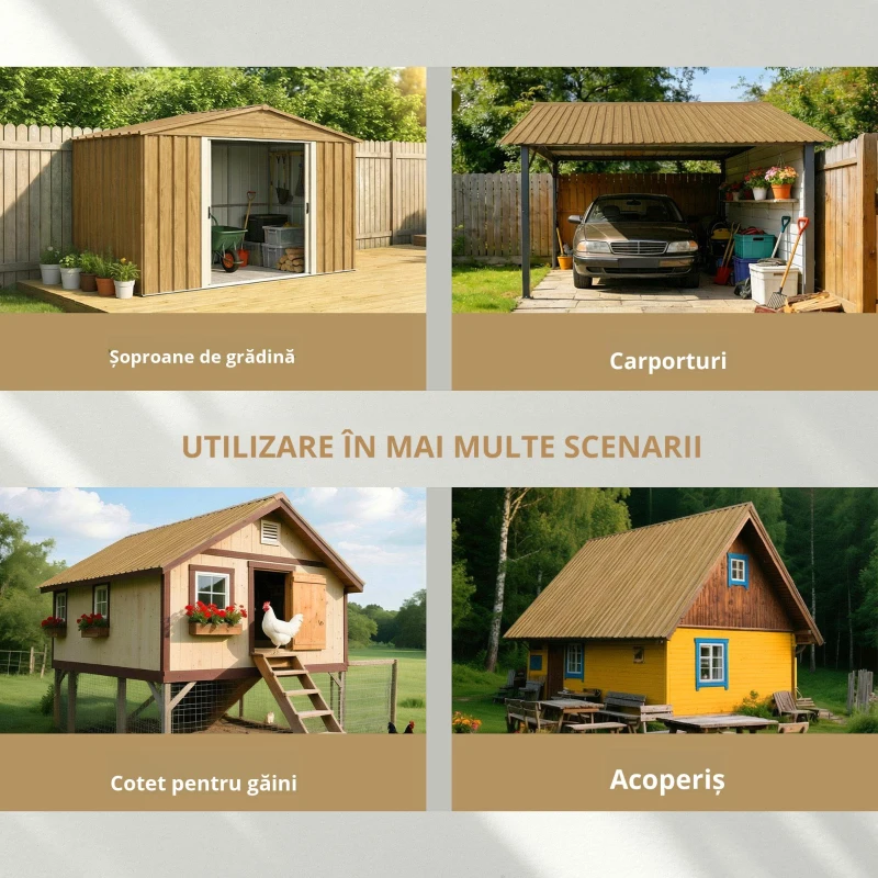 Outsunny Set de 12 Panouri pentru Acoperiș din Oțel Galvanizat 7m² pentru Căsuță de Unelte Șopron 129x45cm Lemn Natural