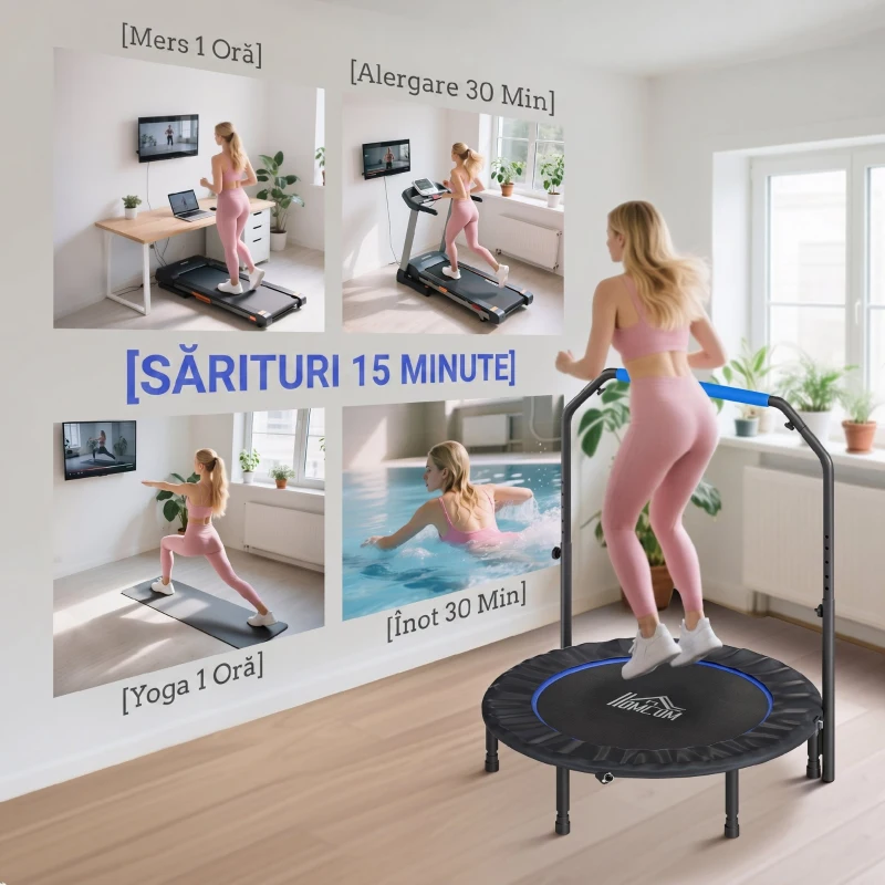 HOMCOM Trambulină Mini Fitness Pliabilă 45", cu Mâner Reglabil din Spumă, Albastru