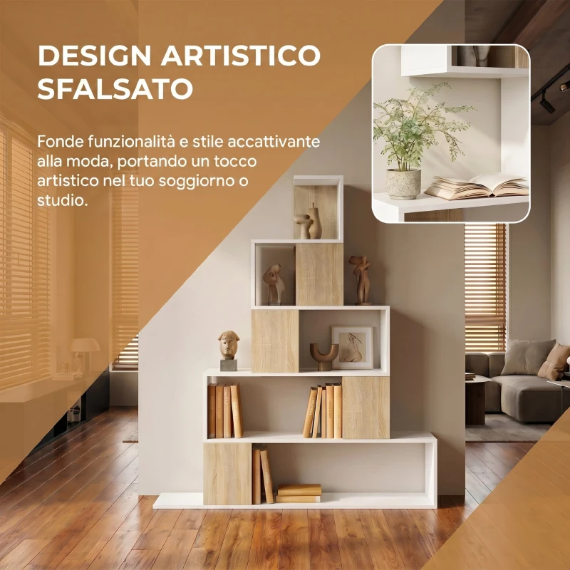 HOMCOM Libreria Moderna a 5 Ripiani con Design a Gradini, 120x22x131.5 cm, Bianco e Legno