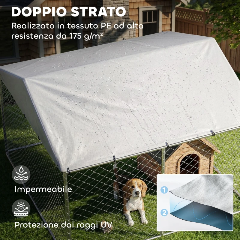 PawHut Recinto per Cani da Esterno in Acciaio Zincata con Tetto in PE, Anti-UV, Impermeabile, Doppia Chiusura, Argento
