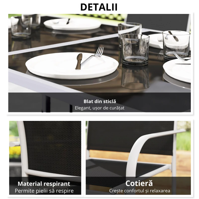 Outsunny Set de mobilier de grădină 6 scaune + 1 masă din oțel salon de grădină 7 piese scaune empilabile placă din sticlă securizată negru