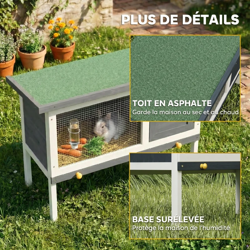 PawHut Clapier Lapin Extérieur en Bois, avec Toit Ouvrable en Asphalt et Plateau Coulissant, Design Surélevé, 90x45x65cm, Gris