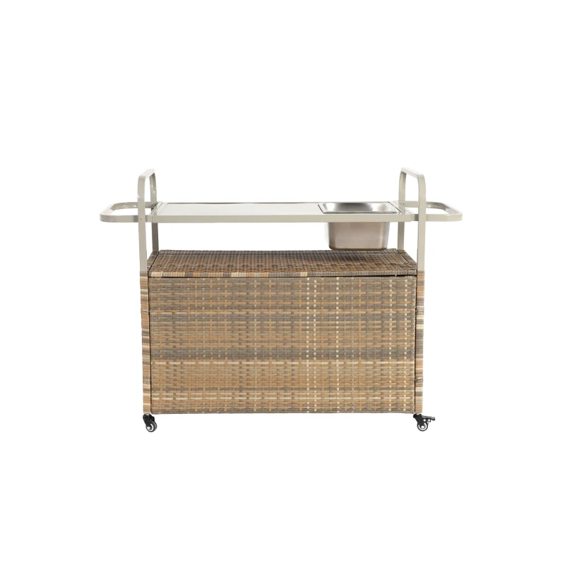 Bar roulant d'extérieur avec bac à glaçons, roulettes verrouillables, pour jardin, bord de piscine et arrière-cour, 131x50x91 cm, Beige