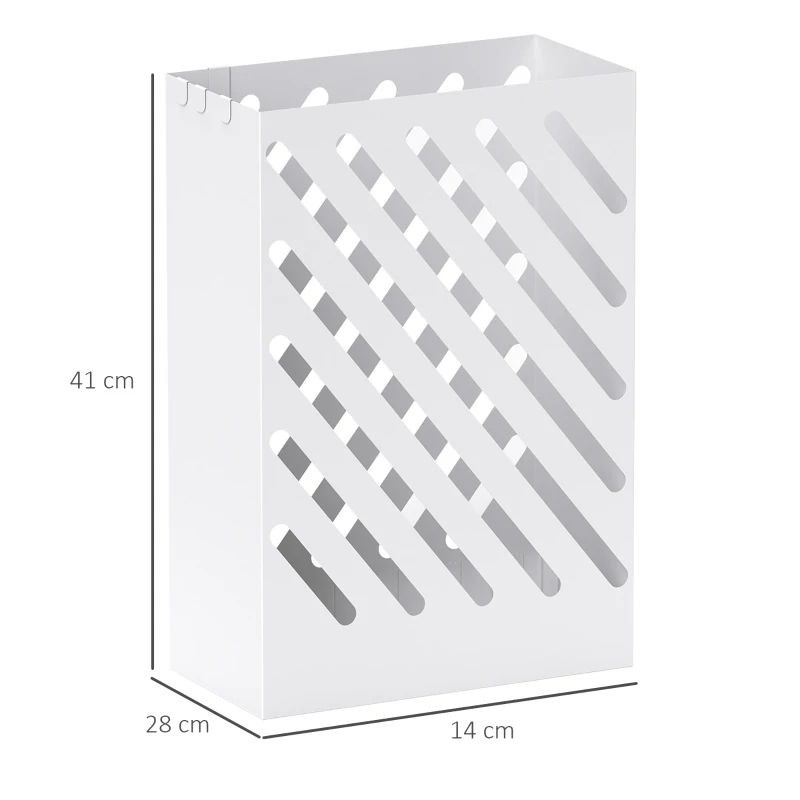 HOMCOM Suporte para Guarda-Chuvas de Aço Galvanizado Estreito com Bandeja de Gotejamento Removível 4 Ganchos 28x14x41 cm Branco