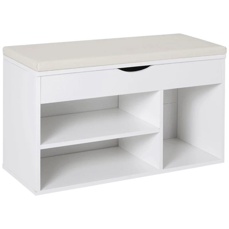 HOMCOM Banc à chaussures, meuble range-chaussures gain de place avec siège rembourré basculant pour l'entrée en bois, 80x30x47cm, Blanc