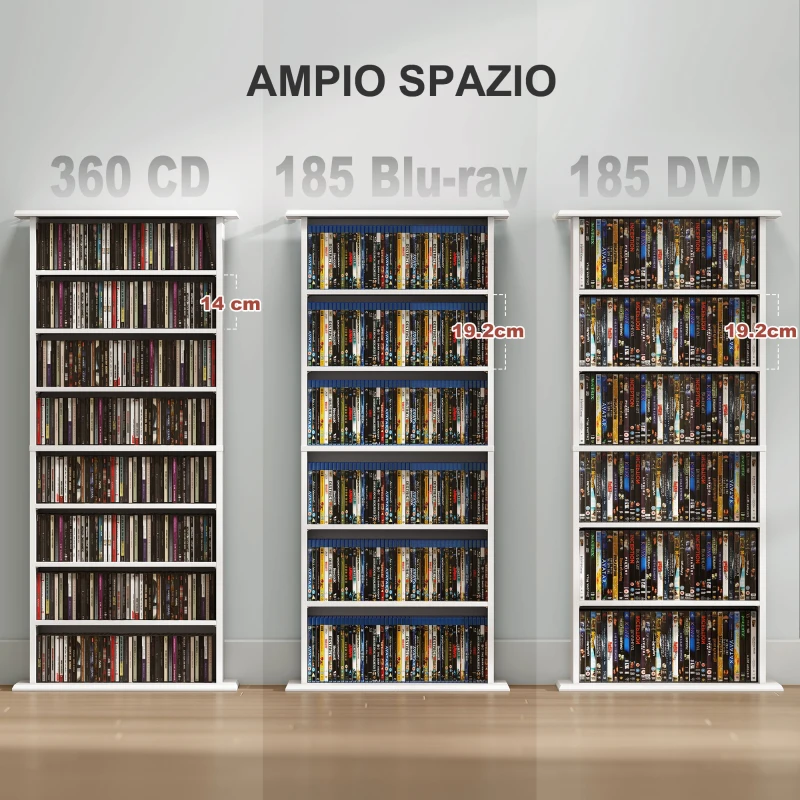 HOMCOM Scaffale Porta CD con 6 Ripiani Regolabili, Capacità di 360 CD/185 DVD, 58x24x124.5 cm, Bianco