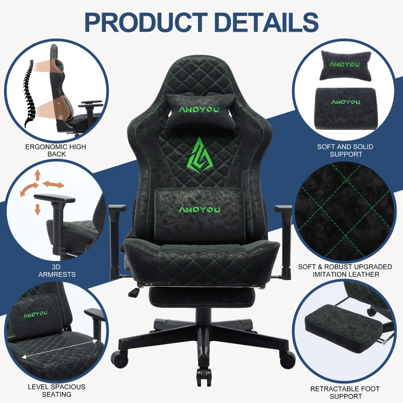 ANDYOU Ergonomischer Vintage-Gaming-Stuhl aus PU-Leder. Schwarz