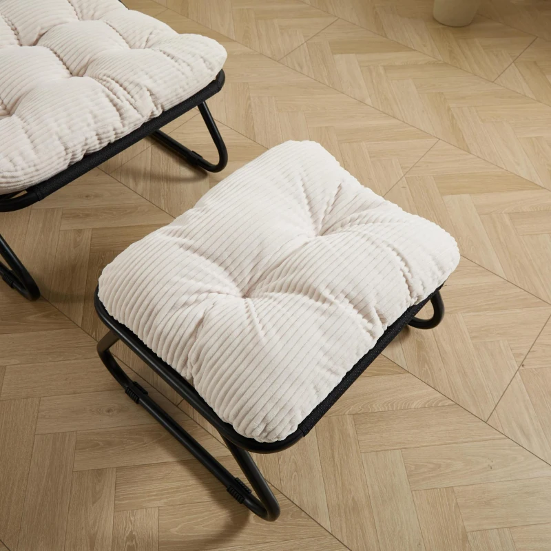 Fauteuil lounge d'extérieur avec pouf, coussin rembourré, tissu sling, structure en acier, Blanc