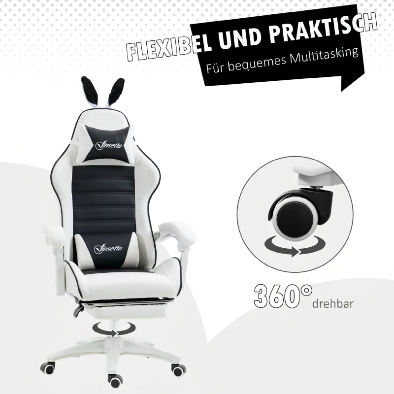 Vinsetto Sedia Gaming Reclinabile con Poggiapiedi e Cuscini, Orecchie da Coniglio e Altezza Regolabile, Nero