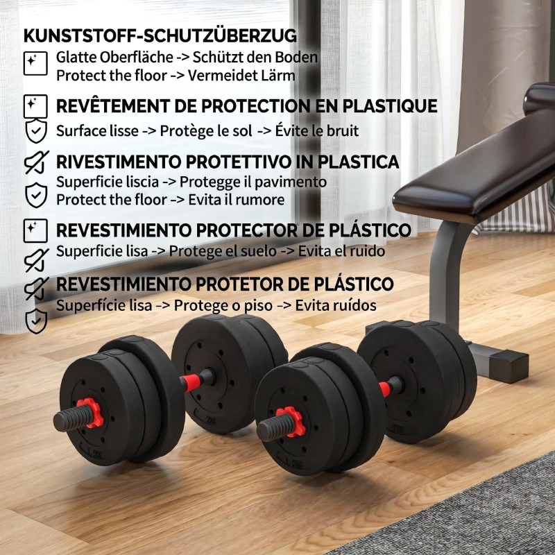 HOMCOM Set 2 Gantere Antialunecare cu 12 Discuri de Greutăți, 20 kg în total și Conector, din Oțel, HDPE și Nisip, Negru
