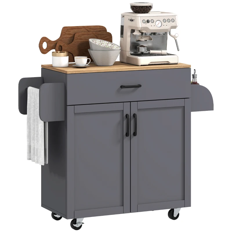 HOMCOM Isla de Cocina con Ruedas con Cajón Armario con Puertas Toallero y Especiero 105x36x85 cm Gris