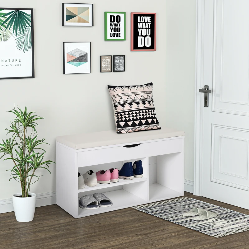HOMCOM Banc à chaussures, meuble range-chaussures gain de place avec siège rembourré basculant pour l'entrée en bois, 80x30x47cm, Blanc
