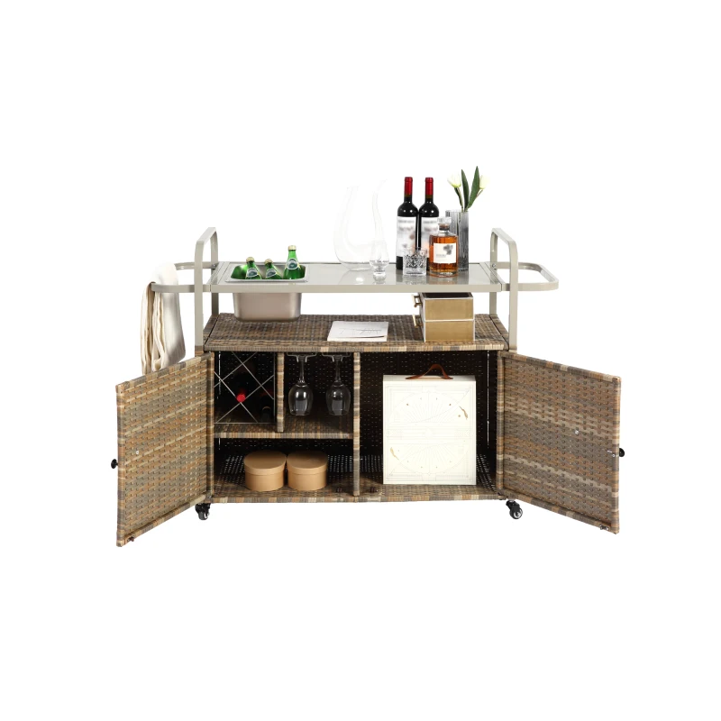 Bar roulant d'extérieur avec bac à glaçons, roulettes verrouillables, pour jardin, bord de piscine et arrière-cour, 131x50x91 cm, Beige