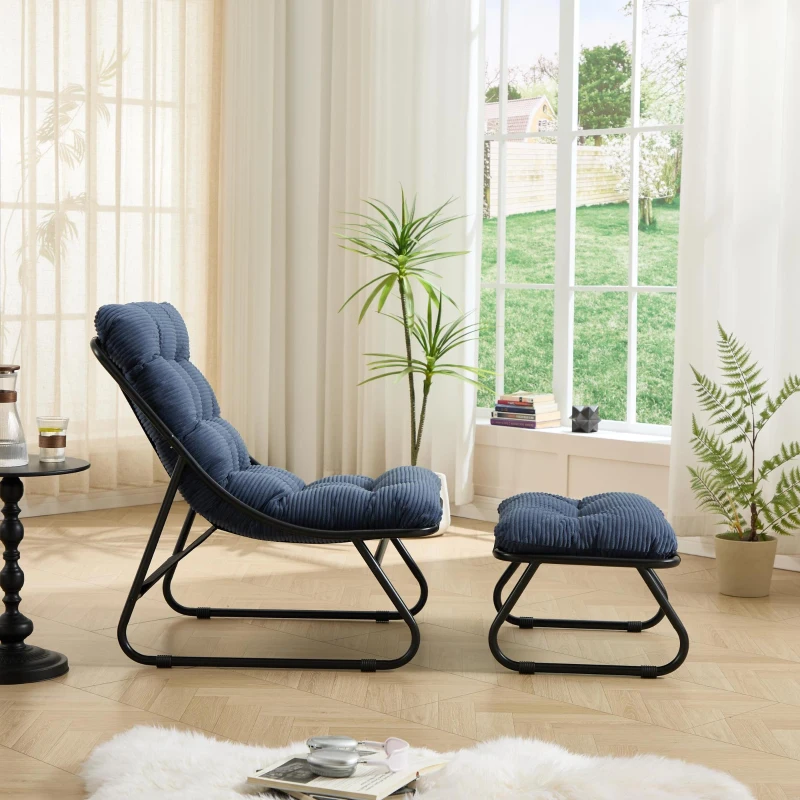 Fauteuil lounge d'extérieur avec pouf, coussin rembourré, tissu sling, structure en acier, Bleu marine