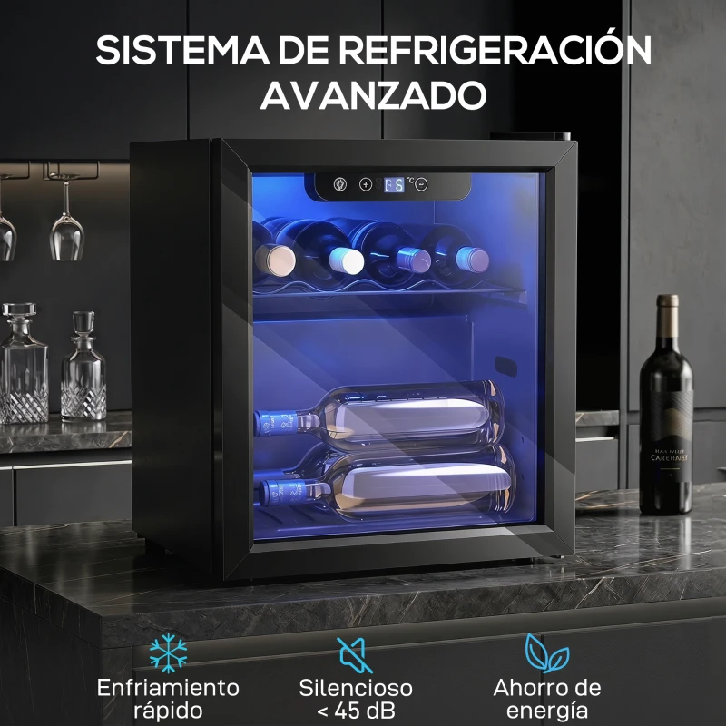 HOMCOM Vinoteca 12 Botellas Nevera para Vinos con Capacidad de 36 L Temperatura Ajustable 4-16℃ Puerta de Vidrio Luz LED Negro
