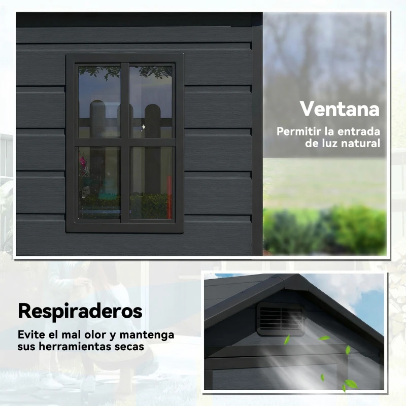 Outsunny Cobertizo de Jardín Exterior 1,09 m² 128x104x196 cm con Suelo Puerta con Cerradura Ventana y Ventilación Gris Oscuro