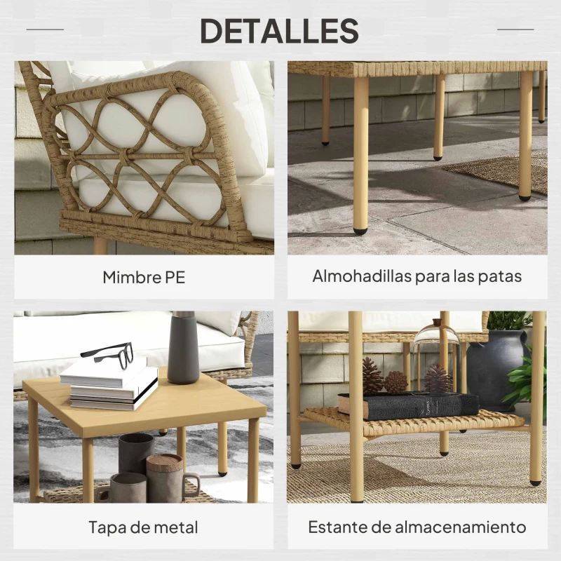 Outsunny Conjunto de Jardín Exterior de Ratán con 1 Sofá de 2 Plazas 1 Sofá Esquinera y 1 Mesa de Centro Natural y Crema