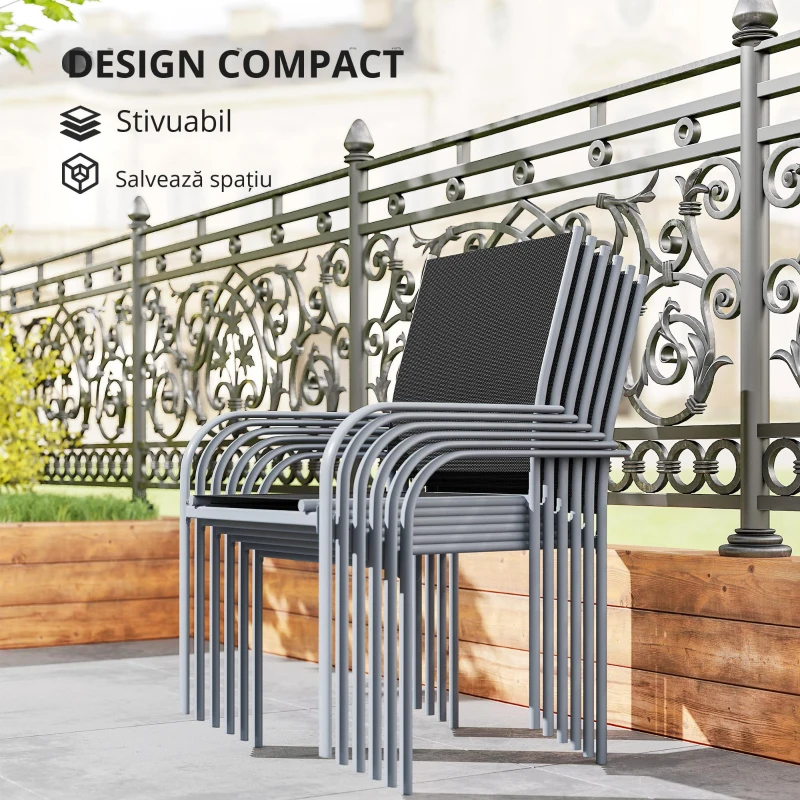Outsunny Set de mobilier de grădină 6 scaune + 1 masă din oțel salon de grădină 7 piese scaune empilabile placă din sticlă securizată negru