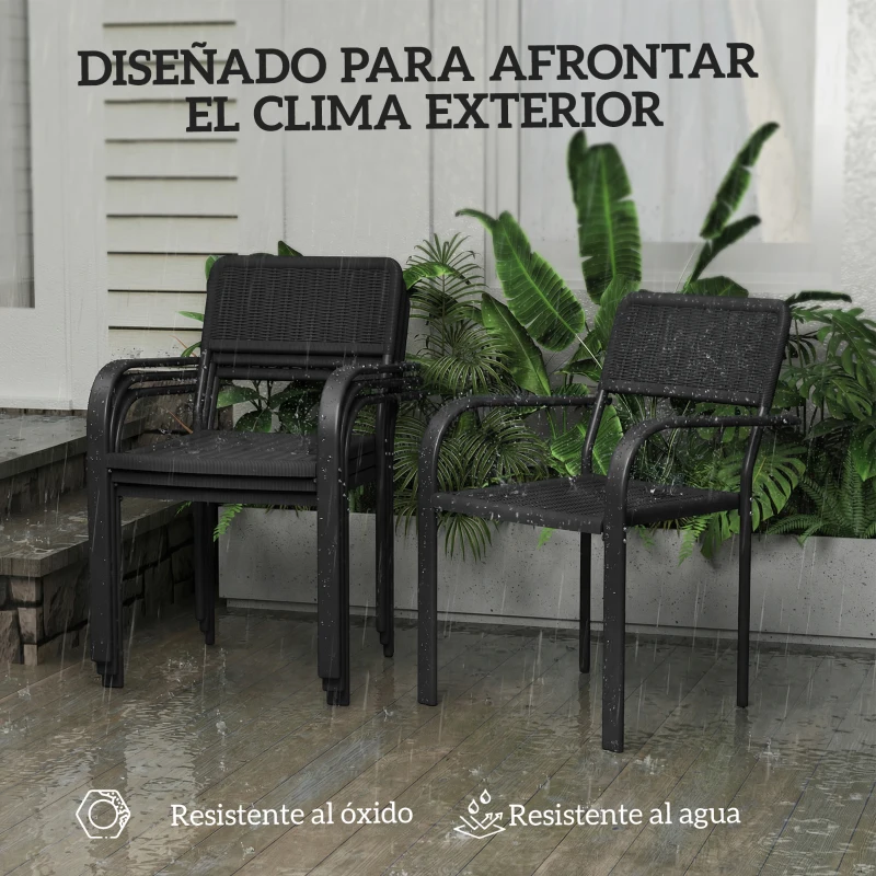 Outsunny Juego de 4 Sillas de Jardín Exterior Apilables con Reposabrazos Respaldo y Marco de Acero 55x60x83 cm Negro