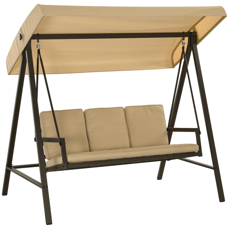 Outsunny 3-Sitzer Hollywoodschaukel, Gartenschaukel, verstellbares Sonnendach, 200 cm x 125 cm x 175 cm, Beige + Braun