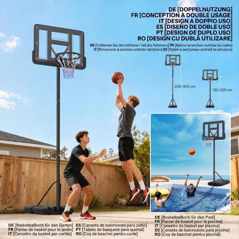 SPORTNOW Coș de Baschet Reglabil pentru Grădină și Piscină cu Bază Umplibilă, 110x75x195-370 cm, Negru