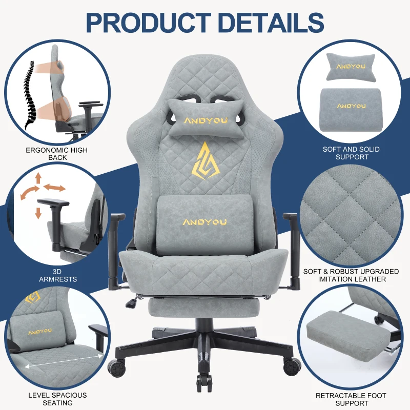 ANDYOU Ergonomischer Vintage-Gaming-Stuhl aus PU-Leder. Grau