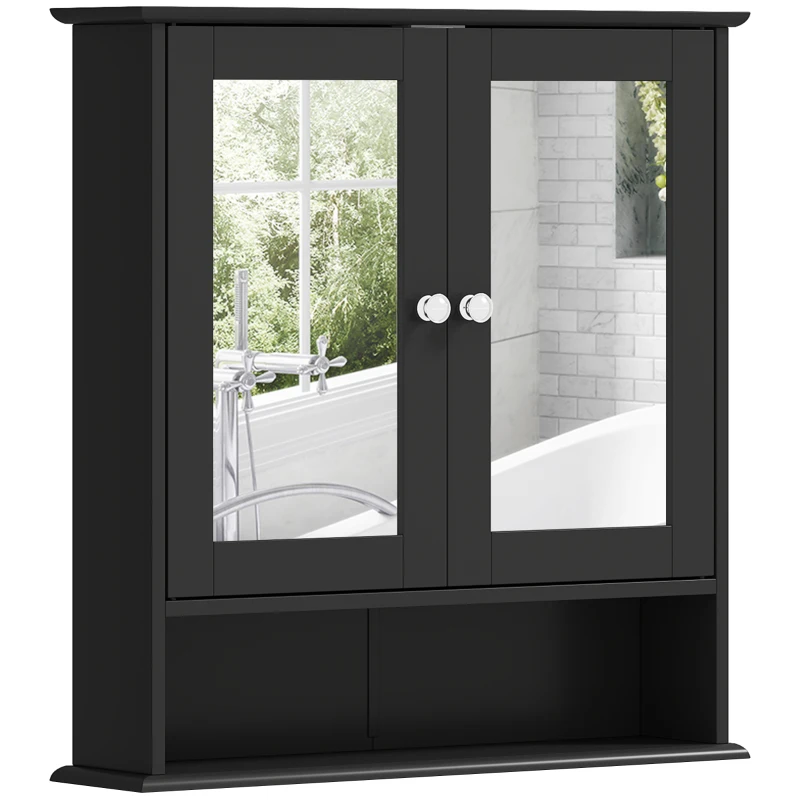 kleankin Armario de Baño con Espejo Armario de Pared con 2 Puertas Estante Abierto Estante Ajustable 56x13x58cm Negro
