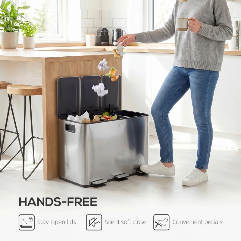 HOMCOM 3 x 20L Pedal Bin, Steel Triple Kitchen Bin with Soft Close Lid, Removable Inner Buckets, Fingerprint-Proof, Silver Tone