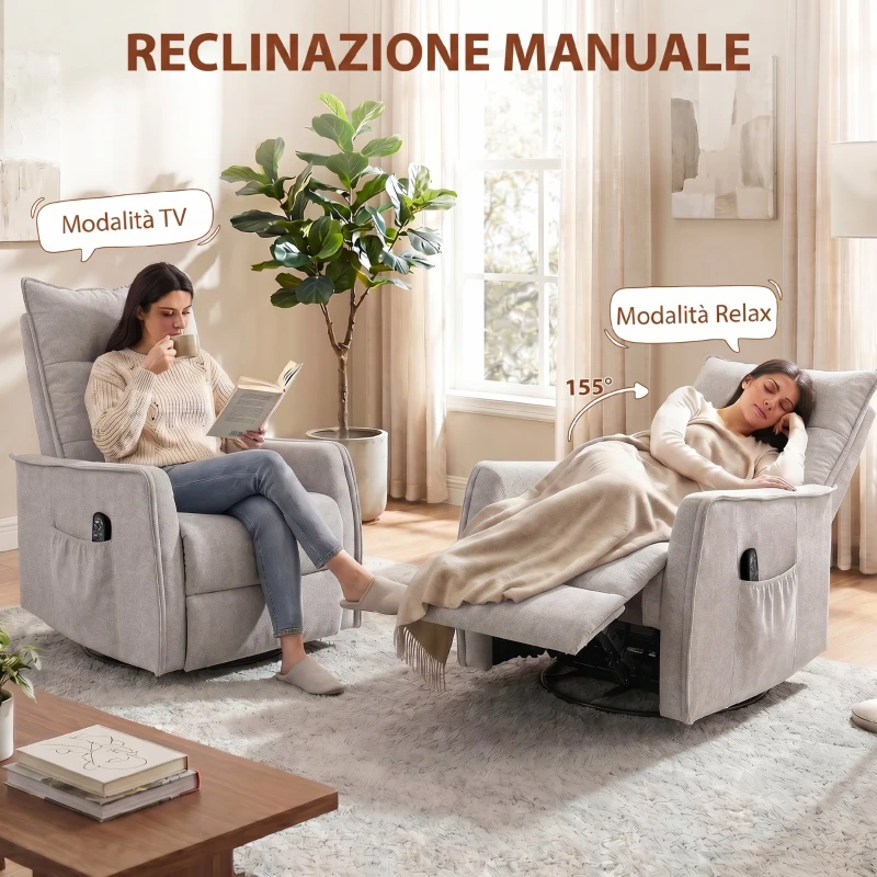 HOMCOM Poltrona Massaggiante Reclinabile Riscaldante Girevole in Ciniglia con Poggiapiedi e Telecomando, Grigio