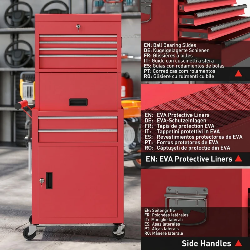 HOMCOM Carrello da Officina su Ruote con 6 Cassetti e 2 Armadietti, 60,5x33,5x131 cm, Rosso