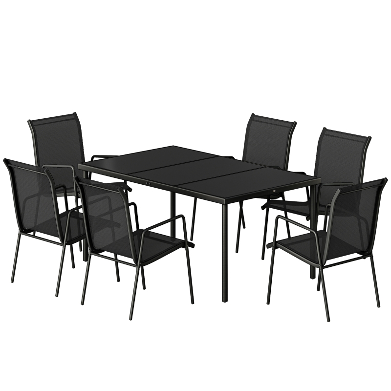 Outsunny Salon de Jardin 6 Personnes Ensemble Table et Chaises Jardin avec Chaises Empilables en Textilène 70x51x87cm Noir