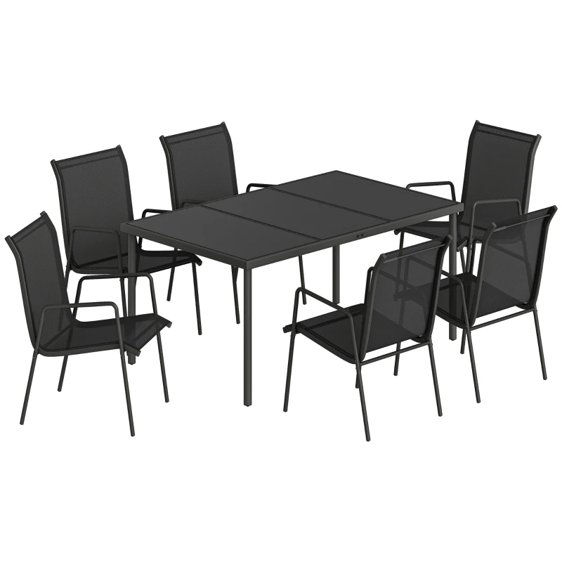 Outsunny Salon de Jardin 6 Personnes Ensemble Table et Chaises Jardin avec Chaises Empilables en Textilène 70x51x87cm Noir
