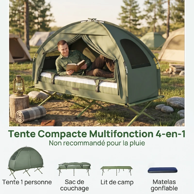 4 en 1 tente surélevée avec lit de camping pliable +sac de couchage +matelas pneumatique+pompe