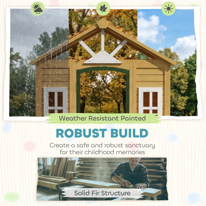 AIYAPLAY Outdoor Kids Playhouse, Wooden Wendy House with Door, 3 Windows, 2 Flower Boxes for Garden, Indoor Playroom