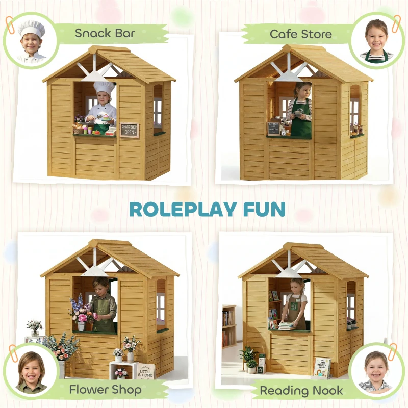 AIYAPLAY Outdoor Kids Playhouse, Wooden Wendy House with Door, 3 Windows, 2 Flower Boxes for Garden, Indoor Playroom