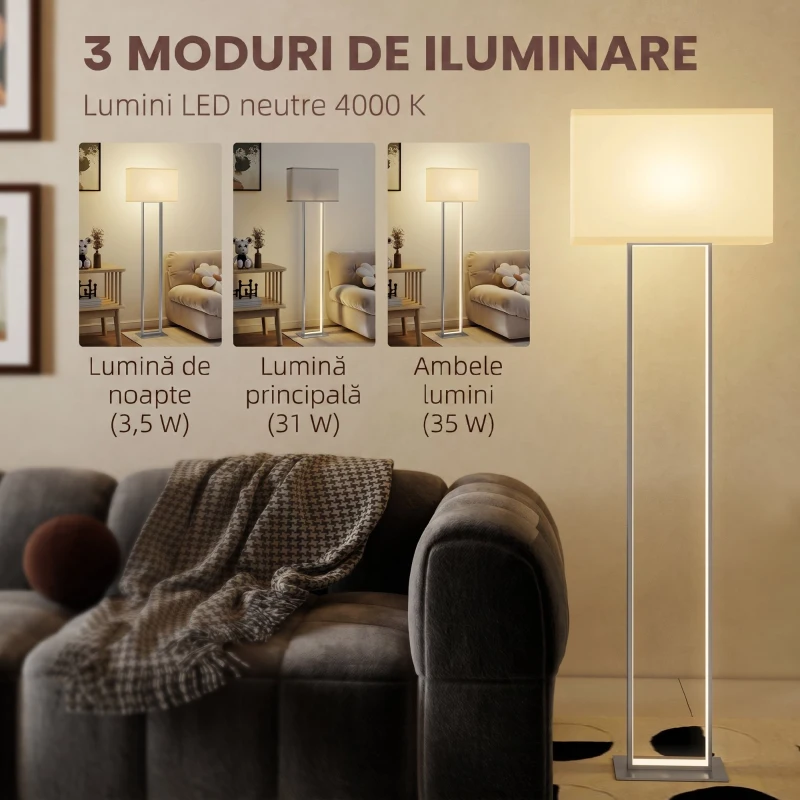 HOMCOM Lampă de Podea de 150 cm cu 3 Moduri, Luminozitate Reglabilă și Întrerupător cu Pedală, Alb