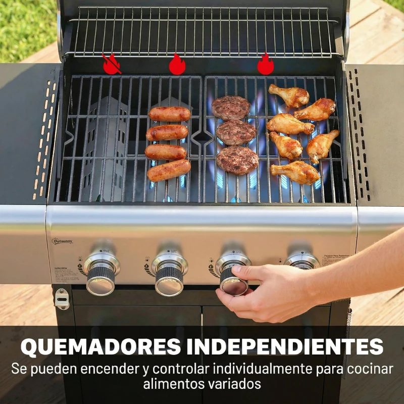 Outsunny Barbacoa de Gas con 4 Quemadores 12,8 kW Termómetro Parrillas de Hierro Fundido Mesas Laterales Armario y Ruedas Negro