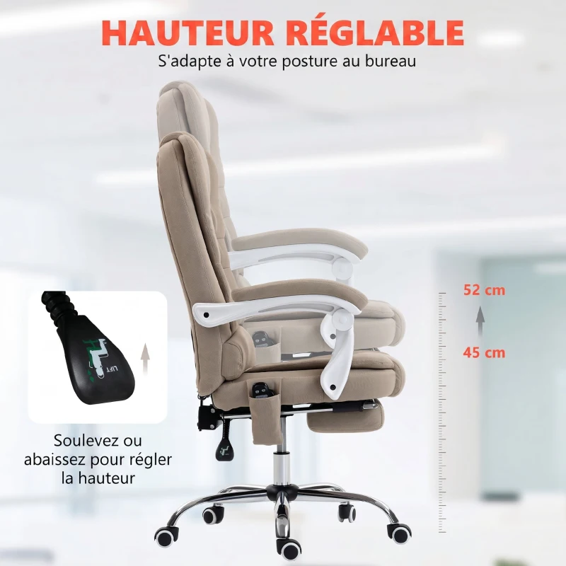 Vinsetto Fauteuil de bureau direction massant chauffant hauteur réglable dossier inclinable toile de lin beige