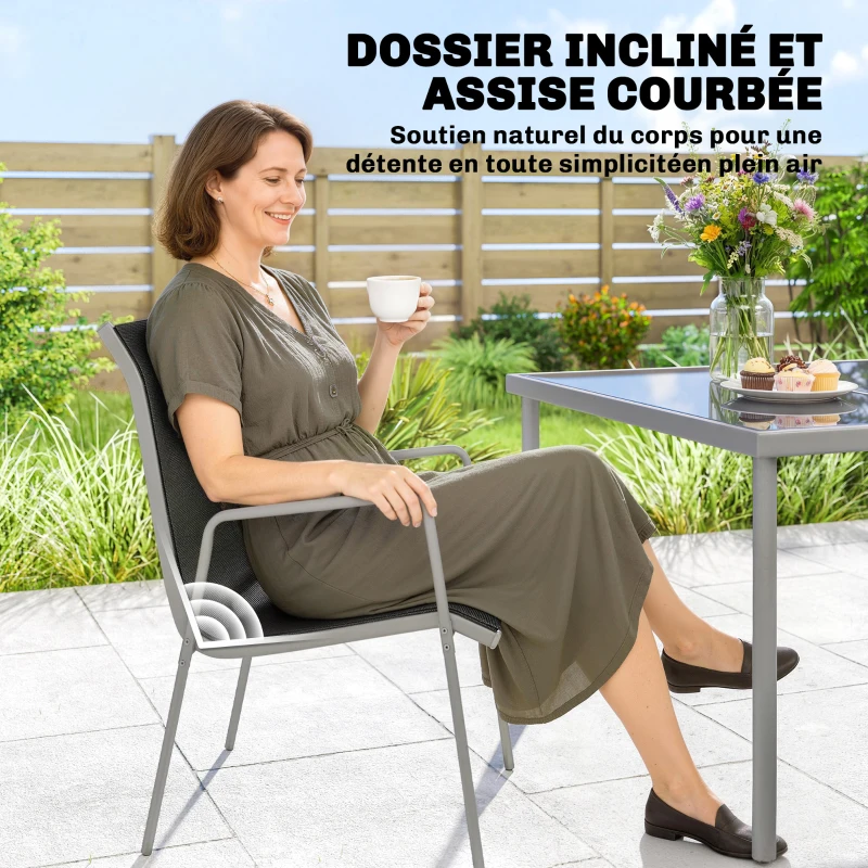 Outsunny Salon de Jardin 6 Personnes Ensemble Table et Chaises Jardin avec Chaises Empilables en Textilène 70x51x87cm Argent
