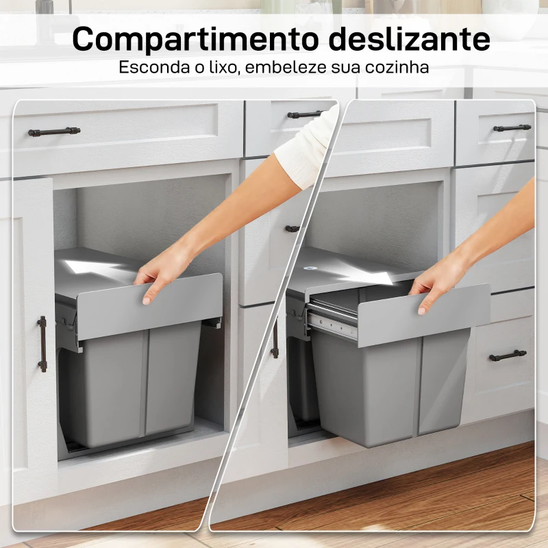 HOMCOM Balde  de Lixo Embutido com 3 Recipientes Removíveis Capacidade Total 31L (15L+8Lx2) 48x34,3x35,1 cm Cinzento Claro