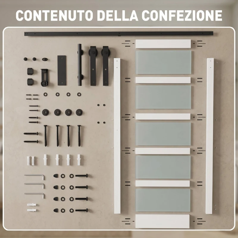 HOMCOM Porta Scorrevole 91.4x213.4cm con Kit, Pannelli in Vetro, Effetto Legno Bianco