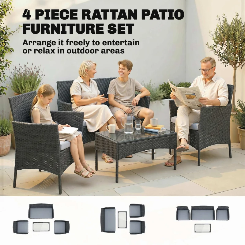 Outsunny 4 Piece Rattan Garden Furniture Sofa Set with Loveseat, Armchairs, Glass-Top Coffee Table and Cushions, Black